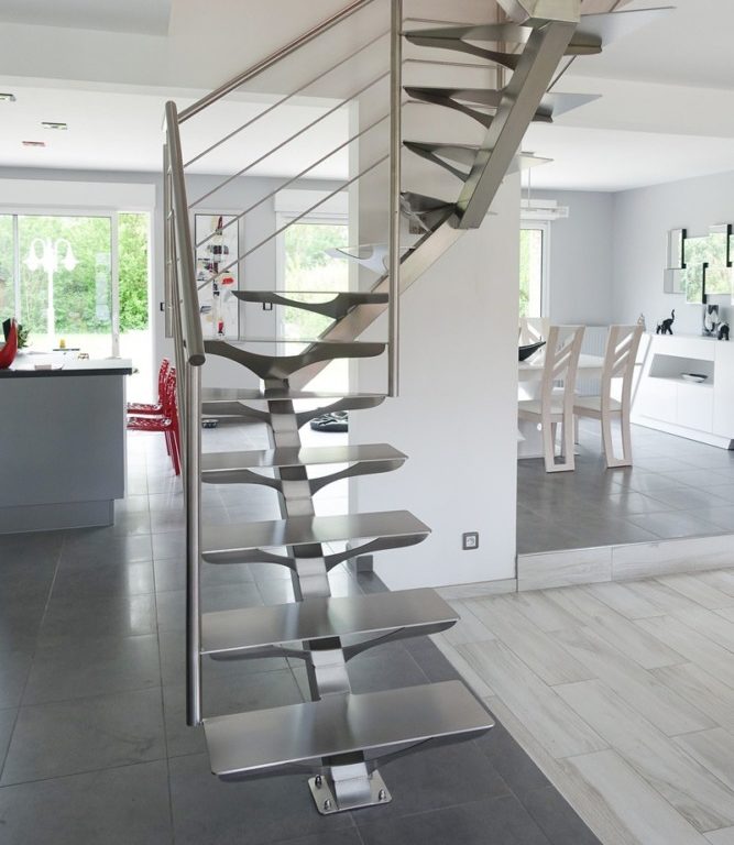 Escalier double quart tournant limon inox brossé